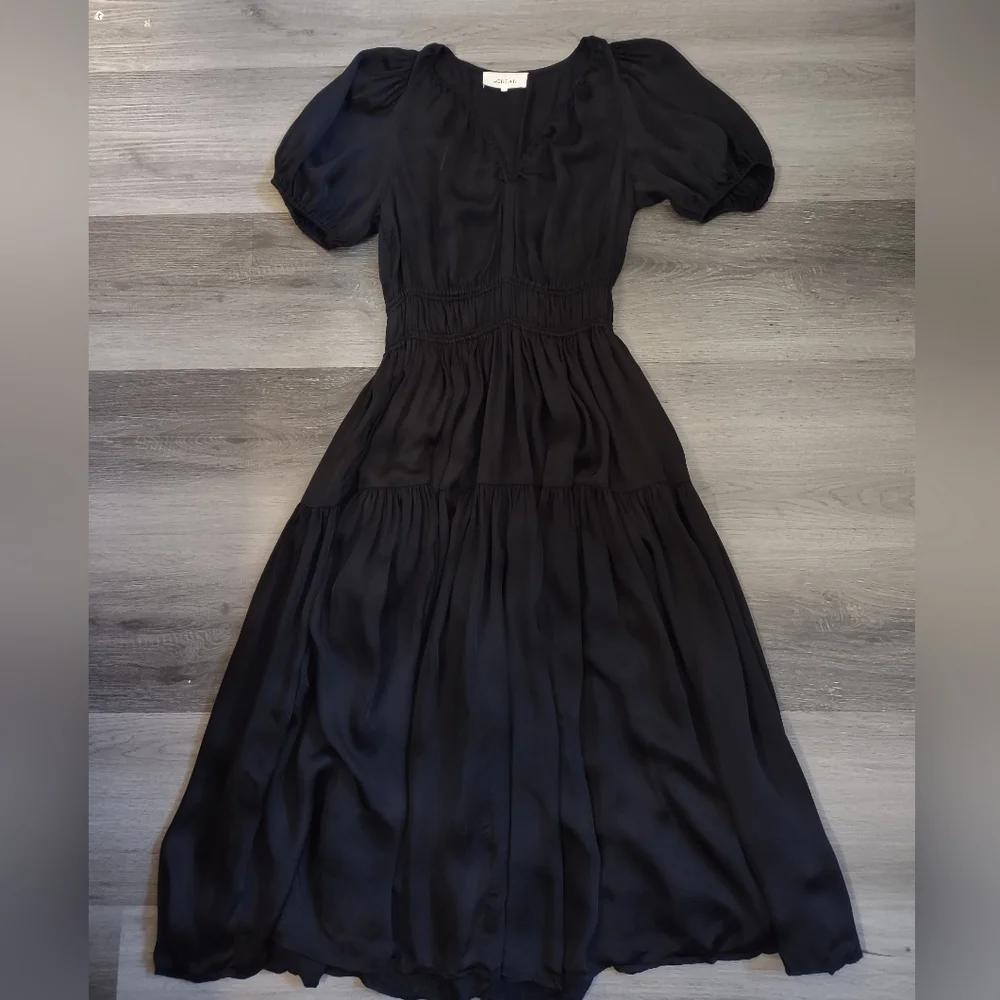 THE GREAT. Black Satin Tiered Maxi Dress - Picture 3 of 13